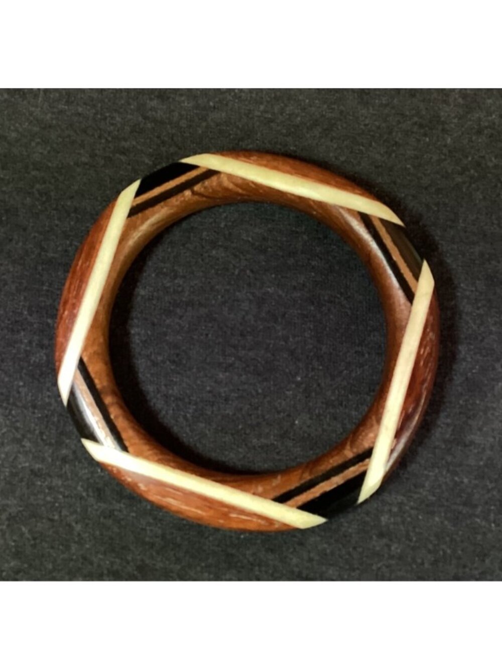 Vintage Laminated Teak and Ebony Wood and Bovine Bone Bangle Bracelet Size S/M